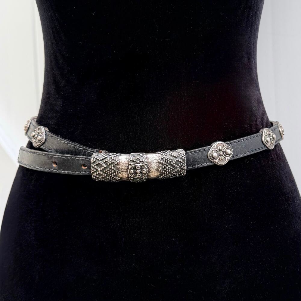 ABACO Paris Vintage Concho Silver Black Genuine Leather Belt S French Designer - Picture 9 of 10